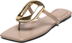 Flip-Flops Sandals for Women Comfortable Open Square Toe Slip on Beach Thong Sandals Casual Fashion Ladies Slipper Dressy Metal Decoration Summer Shoes.