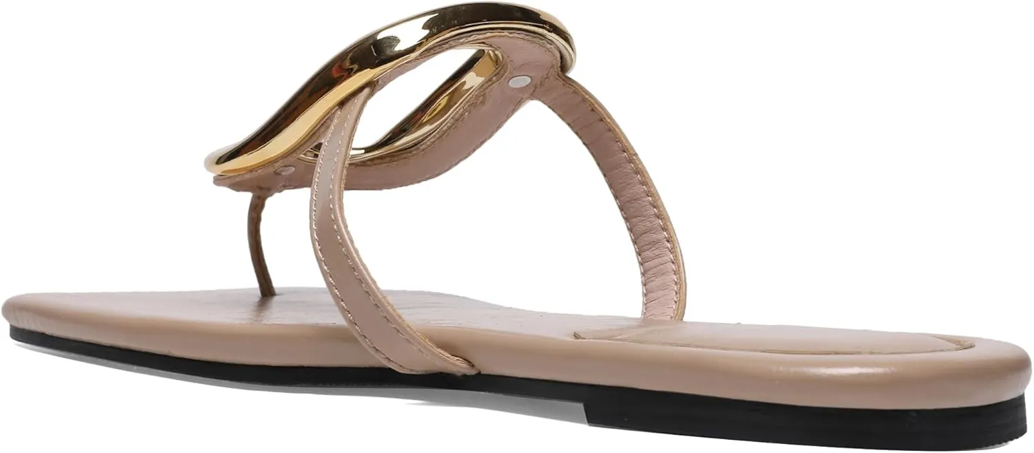 Flip-Flops Sandals for Women Comfortable Open Square Toe Slip on Beach Thong Sandals Casual Fashion Ladies Slipper Dressy Metal Decoration Summer Shoes.