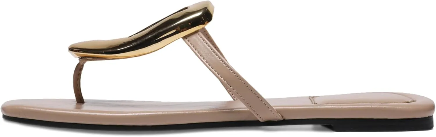 Flip-Flops Sandals for Women Comfortable Open Square Toe Slip on Beach Thong Sandals Casual Fashion Ladies Slipper Dressy Metal Decoration Summer Shoes.