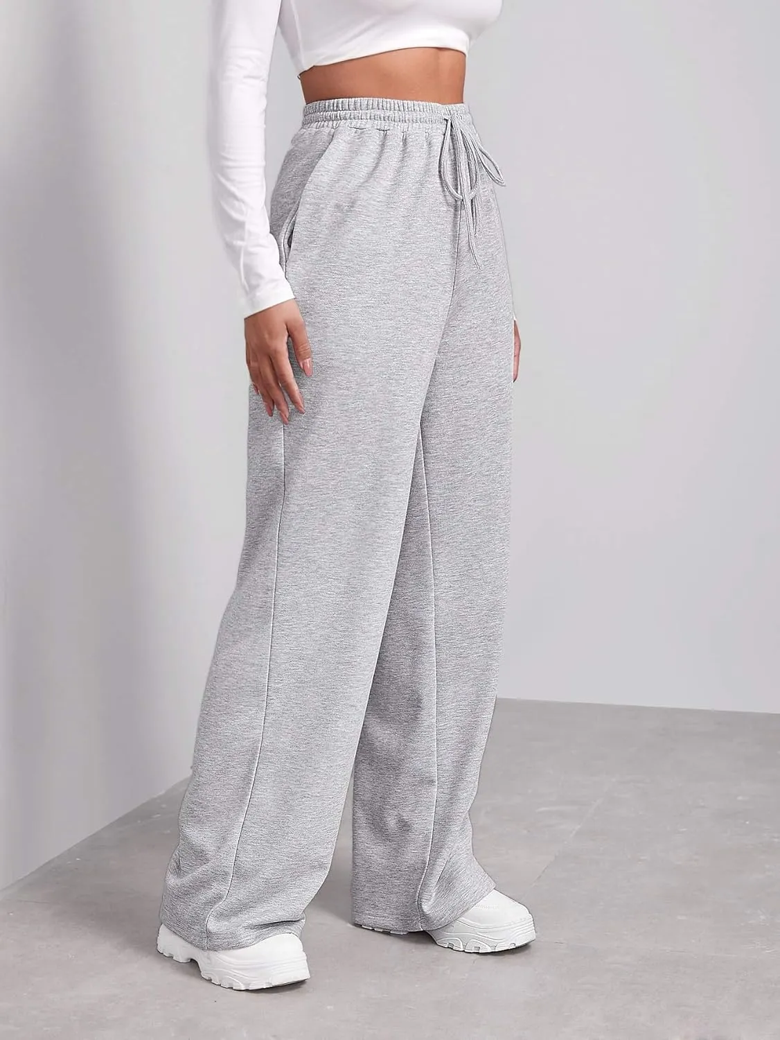 Floerns Women's Causal Drawstring High Waist Baggy Straight Wide Leg Sweatpants with Pockets
