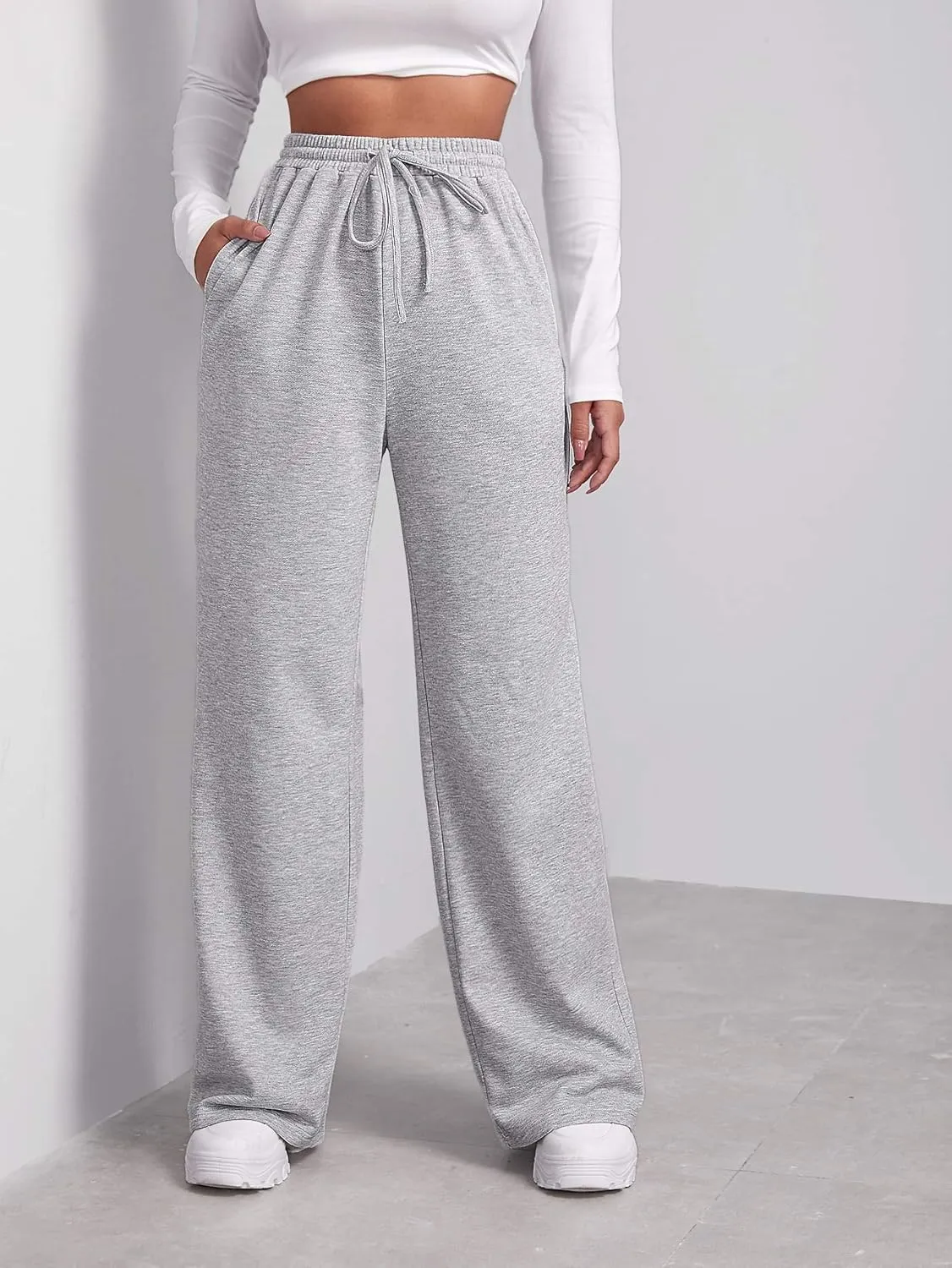 Floerns Women's Causal Drawstring High Waist Baggy Straight Wide Leg Sweatpants with Pockets