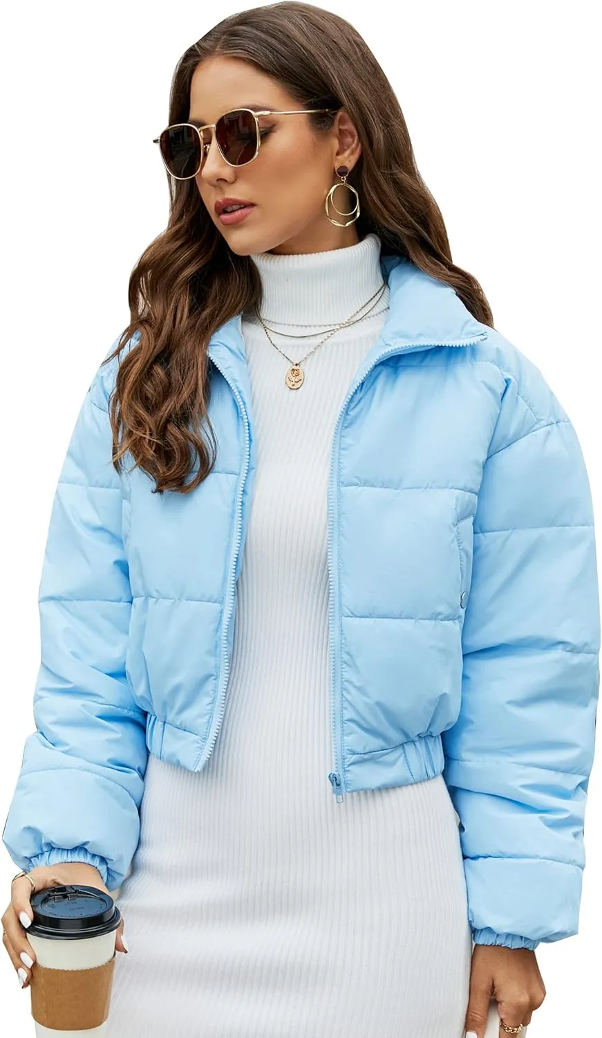 Flygo Women's Cropped Puffer Jacket Zip Up Stand Collar Padded Winter Down Coat