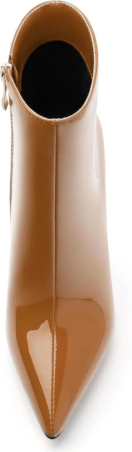 FOGEENA Ankle Boots for Women Pointed Toe Stiletto High Heel Patent Leather Side Zipper 4.7 Inch Short Booties Sexy Wedding Dating Work Fall Shoes