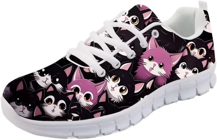 Forchrinse Happy Cat Tennis Sneakers Women's Cute Kitten Athletic Running Shoes Lightwegiht Gym Sport Walking Shoes