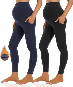 Foucome Women's Maternity Fleece Lined Leggings with Pockets Over The Belly Pregnancy Winter Warm Workout Yoga Pants