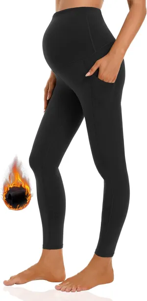 Foucome Women's Maternity Fleece Lined Leggings with Pockets Over The Belly Pregnancy Winter Warm Workout Yoga Pants