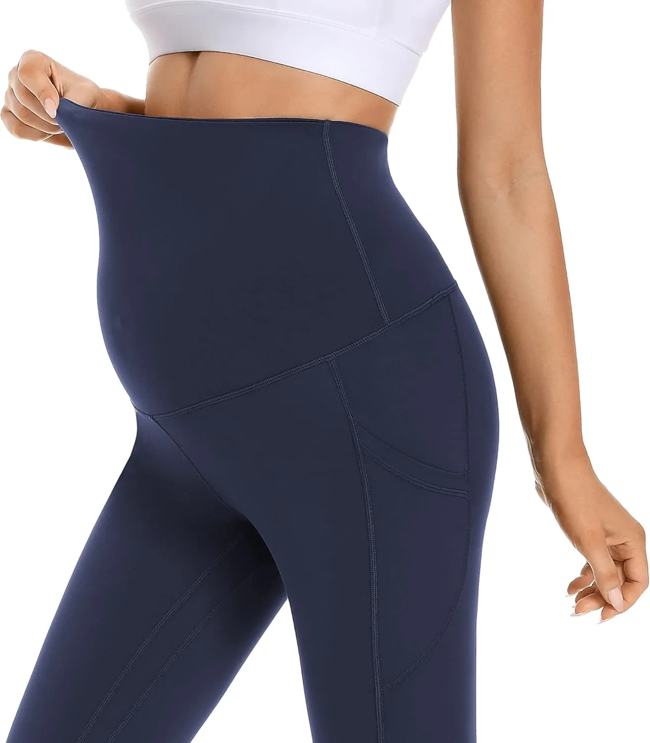 Foucome Women's Maternity Fleece Lined Leggings with Pockets Over The Belly Pregnancy Winter Warm Workout Yoga Pants