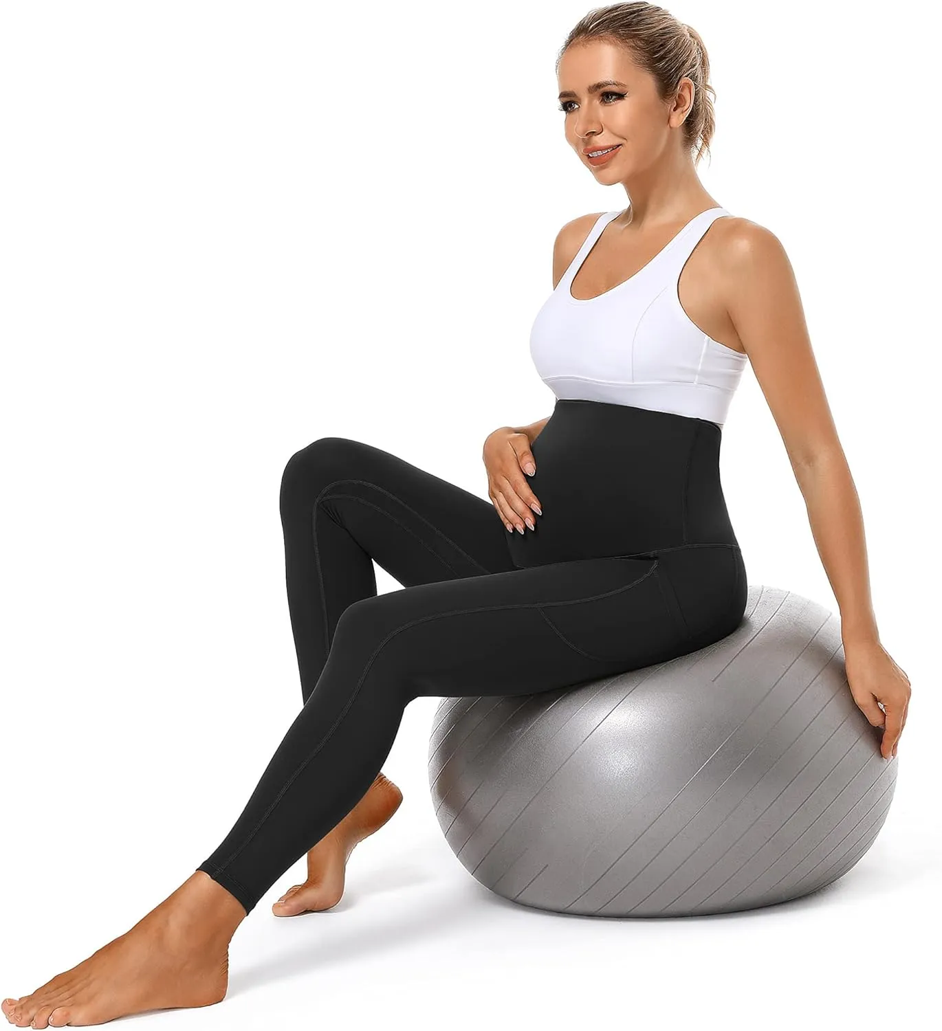 Foucome Women's Maternity Fleece Lined Leggings with Pockets Over The Belly Pregnancy Winter Warm Workout Yoga Pants