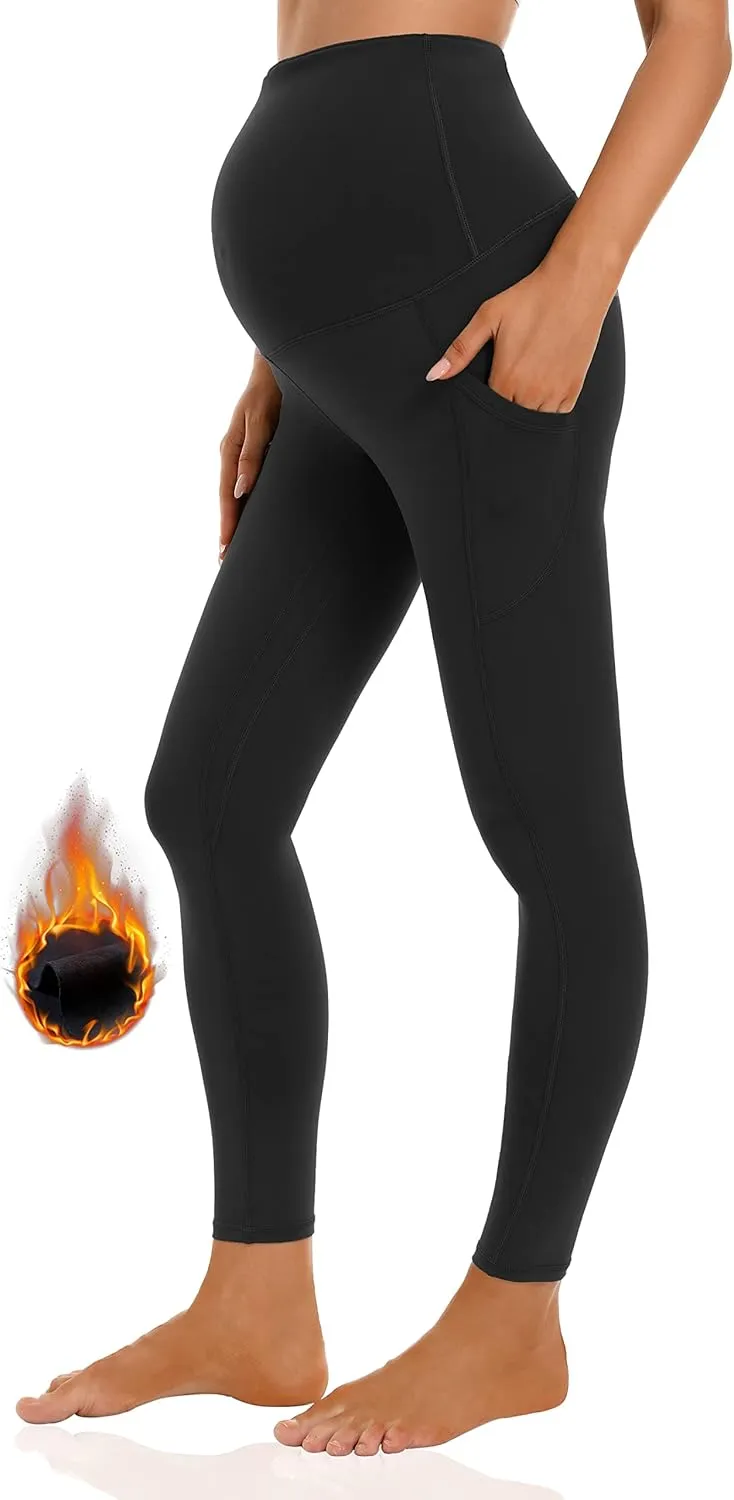 Foucome Women's Maternity Fleece Lined Leggings with Pockets Over The Belly Pregnancy Winter Warm Workout Yoga Pants