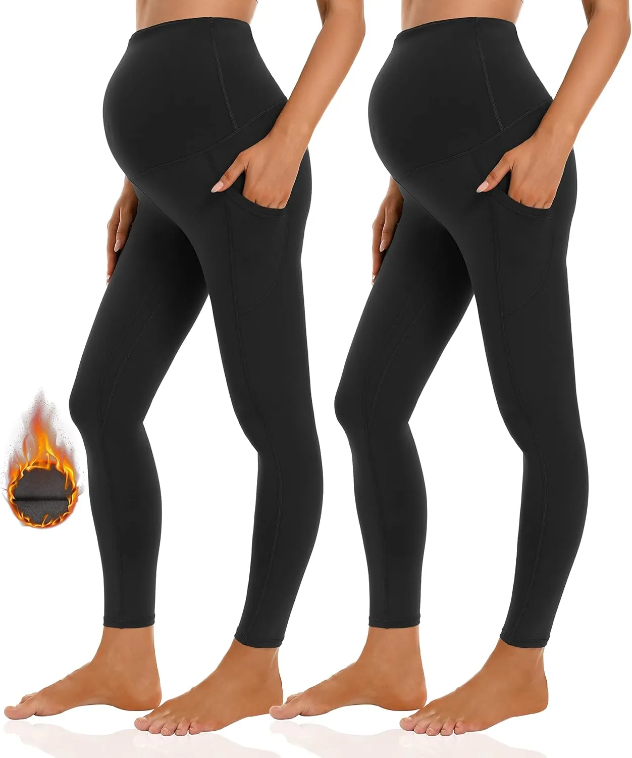 Foucome Women's Maternity Fleece Lined Leggings with Pockets Over The Belly Pregnancy Winter Warm Workout Yoga Pants