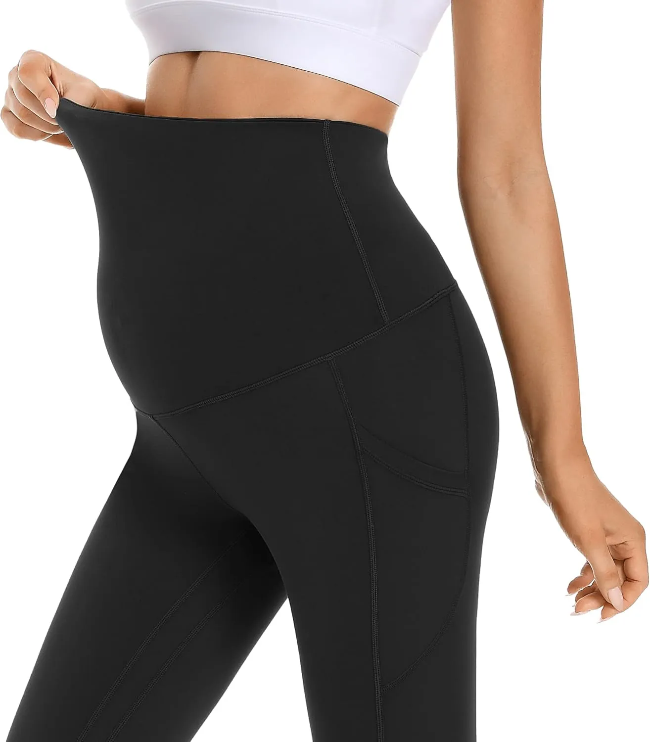 Foucome Women's Maternity Fleece Lined Leggings with Pockets Over The Belly Pregnancy Winter Warm Workout Yoga Pants