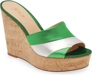 FOWT Beach Platform Two Tone Stripes Patchwork Shallow Wedge Sandals for Woman Chic Shiny Leather Cork Heel Gold Pumps Comfort Slip on 3 inches Daily Casual Travel Shoes, US Size 4-16 M