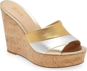 FOWT Beach Platform Two Tone Stripes Patchwork Shallow Wedge Sandals for Woman Chic Shiny Leather Cork Heel Gold Pumps Comfort Slip on 3 inches Daily Casual Travel Shoes, US Size 4-16 M