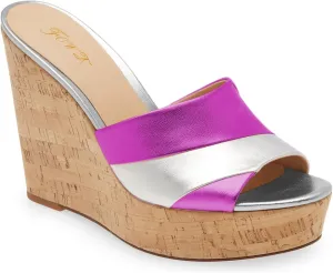 FOWT Beach Platform Two Tone Stripes Patchwork Shallow Wedge Sandals for Woman Chic Shiny Leather Cork Heel Gold Pumps Comfort Slip on 3 inches Daily Casual Travel Shoes, US Size 4-16 M