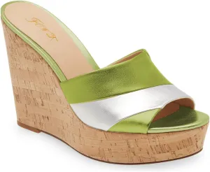 FOWT Beach Platform Two Tone Stripes Patchwork Shallow Wedge Sandals for Woman Chic Shiny Leather Cork Heel Gold Pumps Comfort Slip on 3 inches Daily Casual Travel Shoes, US Size 4-16 M