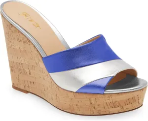 FOWT Beach Platform Two Tone Stripes Patchwork Shallow Wedge Sandals for Woman Chic Shiny Leather Cork Heel Gold Pumps Comfort Slip on 3 inches Daily Casual Travel Shoes, US Size 4-16 M