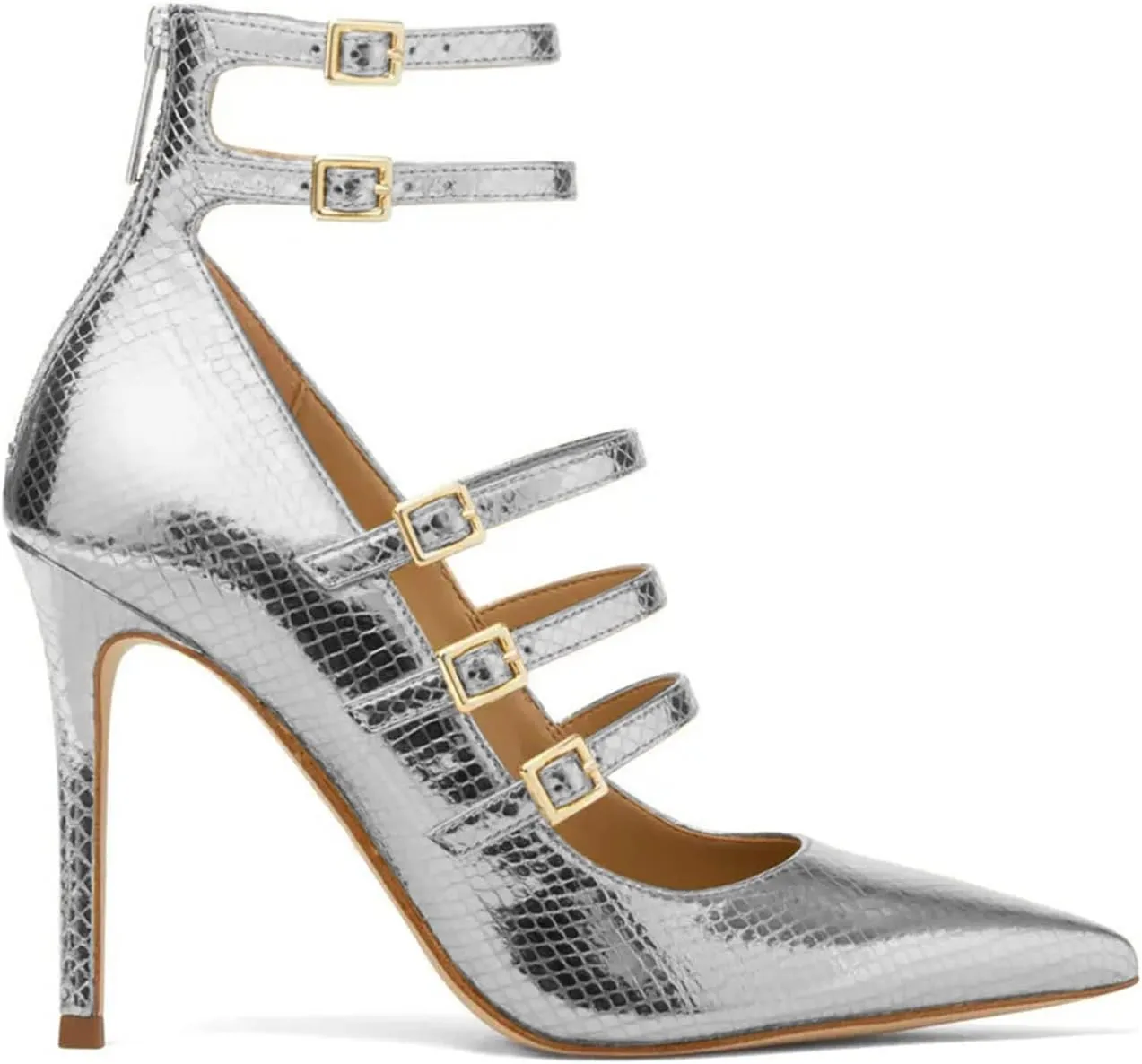 FOWT Chic Snakeskin Double Ankle Strap Gold Pumps for Woman Fashion Shallow Pointed Toe Stiletto Heels Retro Mary Janes Dance Party Evening Shoes, US Size 4-16 M