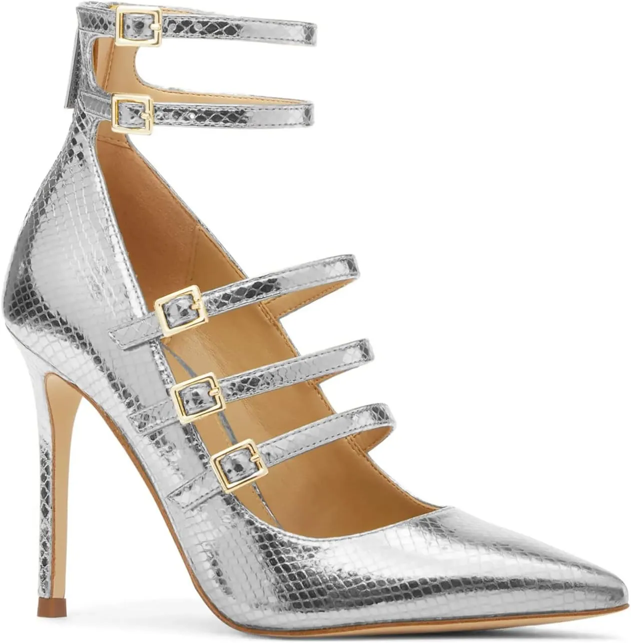 FOWT Chic Snakeskin Double Ankle Strap Gold Pumps for Woman Fashion Shallow Pointed Toe Stiletto Heels Retro Mary Janes Dance Party Evening Shoes, US Size 4-16 M
