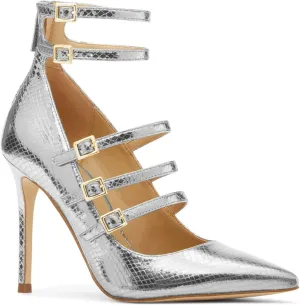 FOWT Chic Snakeskin Double Ankle Strap Gold Pumps for Woman Fashion Shallow Pointed Toe Stiletto Heels Retro Mary Janes Dance Party Evening Shoes, US Size 4-16 M