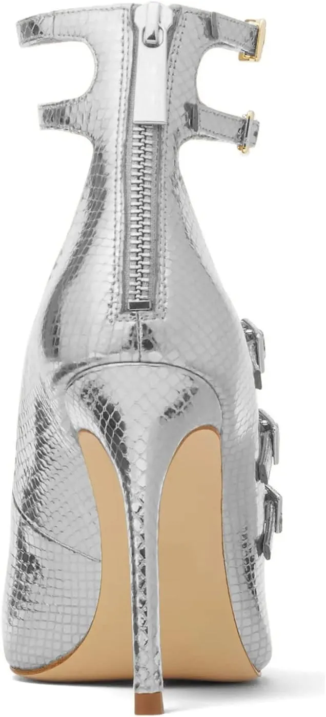 FOWT Chic Snakeskin Double Ankle Strap Gold Pumps for Woman Fashion Shallow Pointed Toe Stiletto Heels Retro Mary Janes Dance Party Evening Shoes, US Size 4-16 M