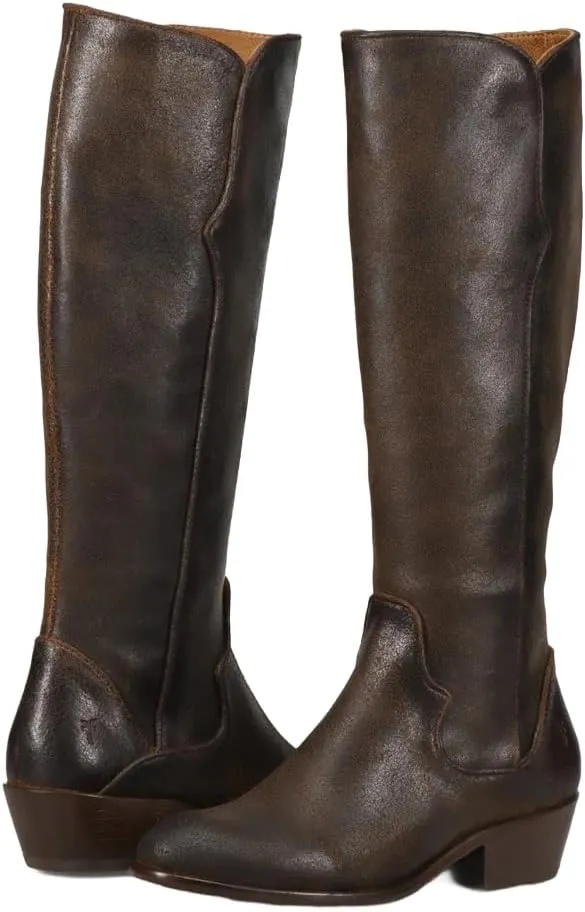 Frye Carson Piping Tall Boots for Women Made from Antiqued Pull-Up Leather with Western-Style Piping, Inside Zipper Closure, and Low Heel – 15" Shaft Height