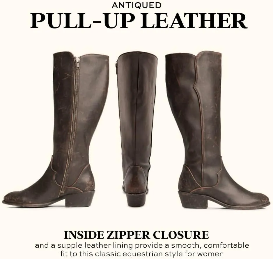 Frye Carson Piping Tall Boots for Women Made from Antiqued Pull-Up Leather with Western-Style Piping, Inside Zipper Closure, and Low Heel – 15" Shaft Height
