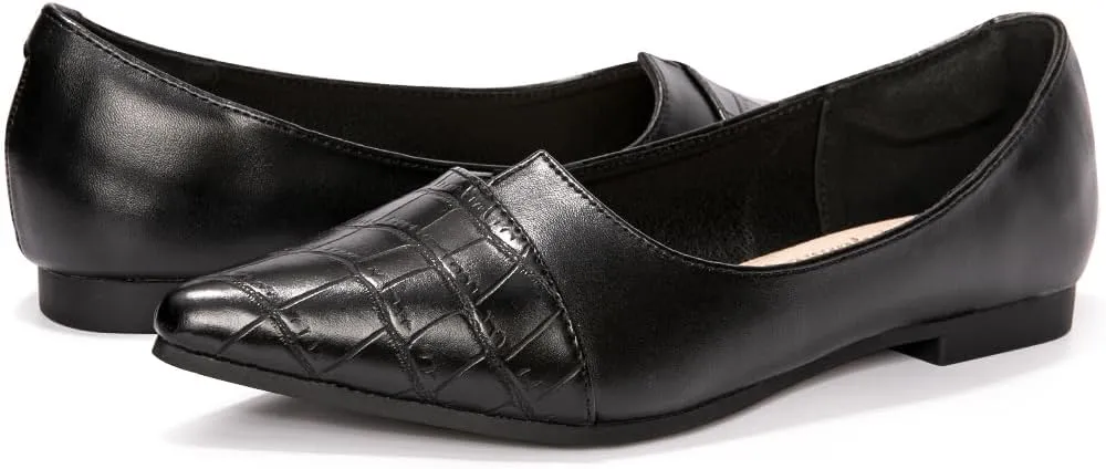 FUNKYMONKEY Black Flats Shoes for Women, Comfort Pointed Toe Slip On Work Shoes