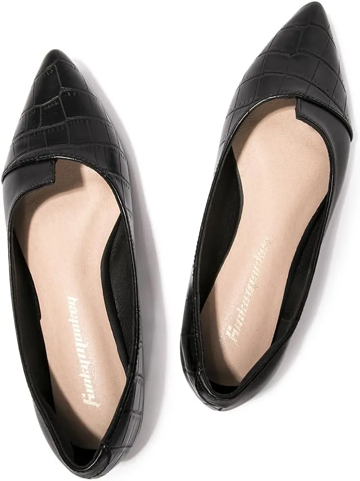 FUNKYMONKEY Black Flats Shoes for Women, Comfort Pointed Toe Slip On Work Shoes