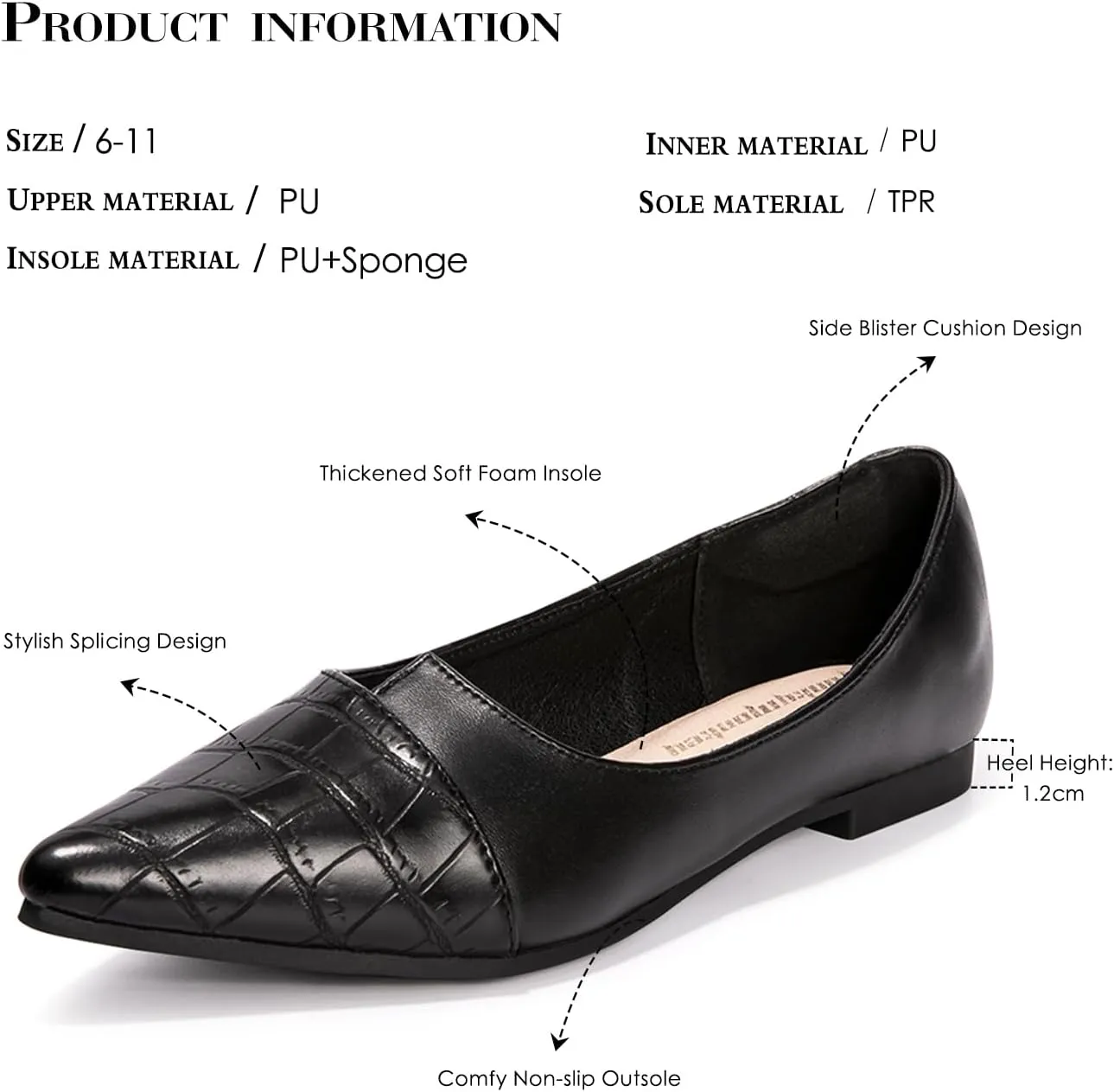 FUNKYMONKEY Black Flats Shoes for Women, Comfort Pointed Toe Slip On Work Shoes