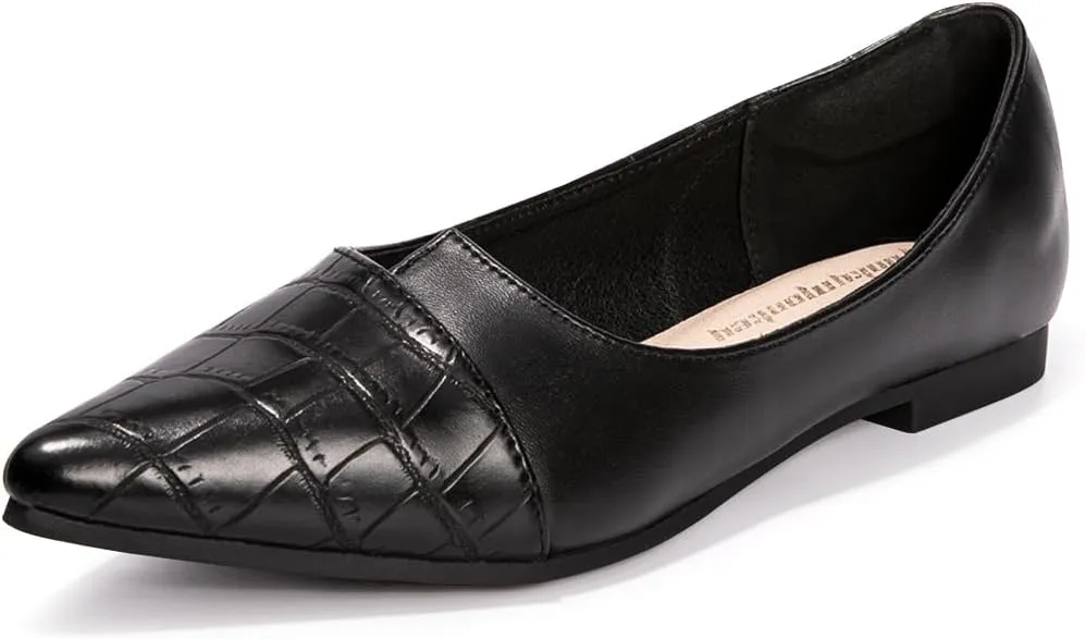 FUNKYMONKEY Black Flats Shoes for Women, Comfort Pointed Toe Slip On Work Shoes