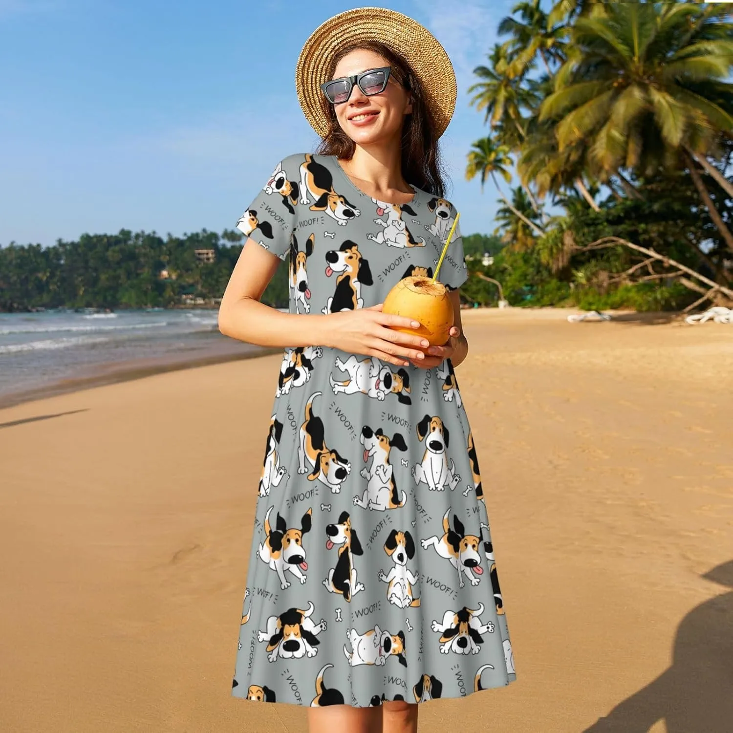 Funny Beagle Active Dog for Women's Casual Short Sleeve Dress with Pockets Dress for Summer,Travel,Lounging-