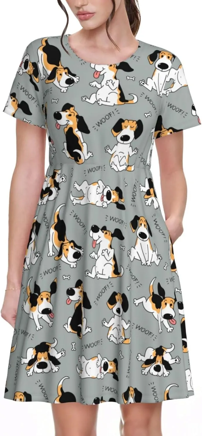 Funny Beagle Active Dog for Women's Casual Short Sleeve Dress with Pockets Dress for Summer,Travel,Lounging-