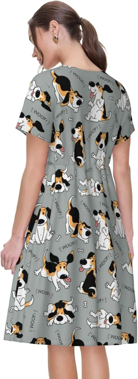 Funny Beagle Active Dog for Women's Casual Short Sleeve Dress with Pockets Dress for Summer,Travel,Lounging-