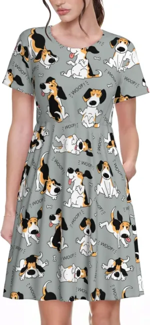 Funny Beagle Active Dog for Women's Casual Short Sleeve Dress with Pockets Dress for Summer,Travel,Lounging-