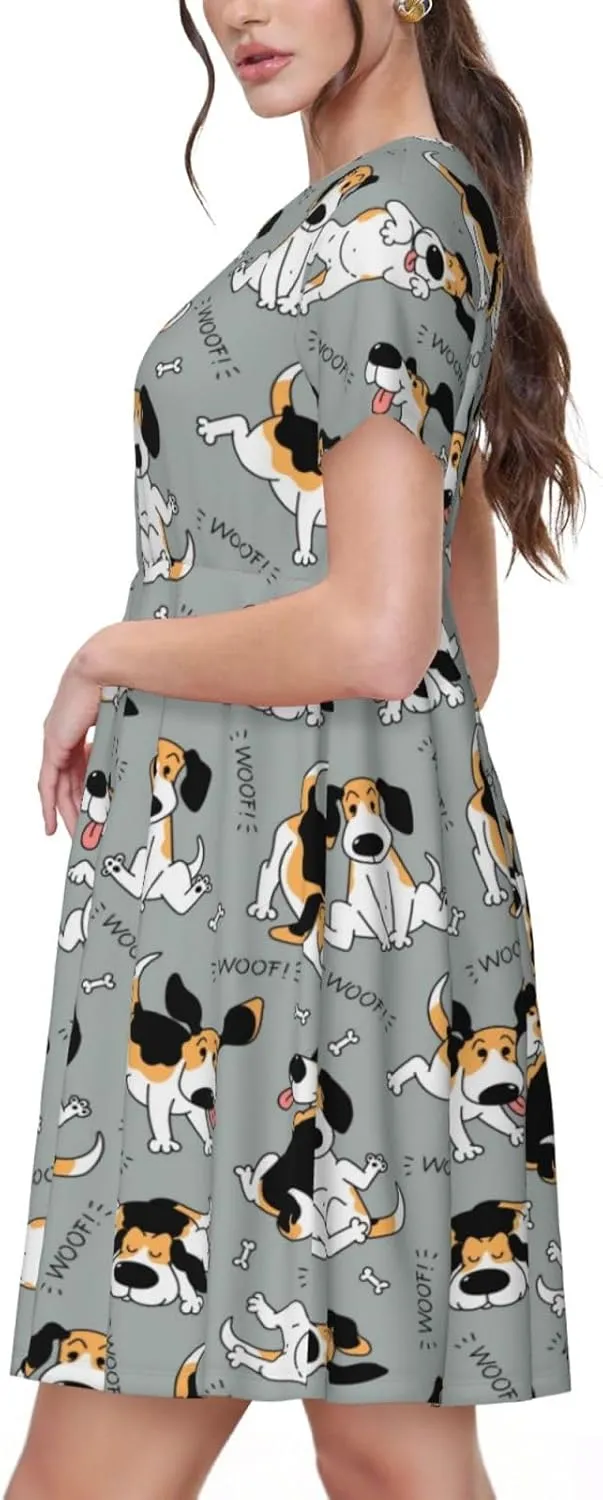 Funny Beagle Active Dog for Women's Casual Short Sleeve Dress with Pockets Dress for Summer,Travel,Lounging-