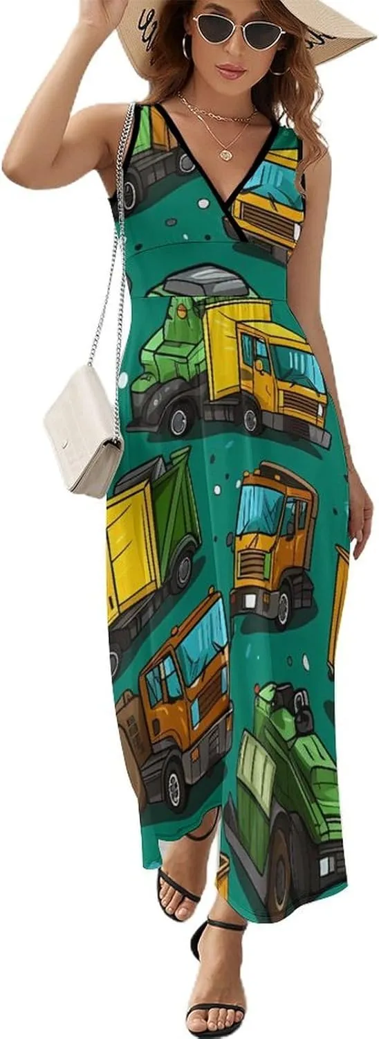 Garbage Truck Busy Day Women's Maxi Dress Casual Sleeveless V Neck Beach Long Sundress