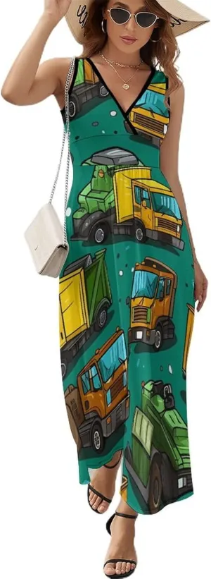 Garbage Truck Busy Day Women's Maxi Dress Casual Sleeveless V Neck Beach Long Sundress