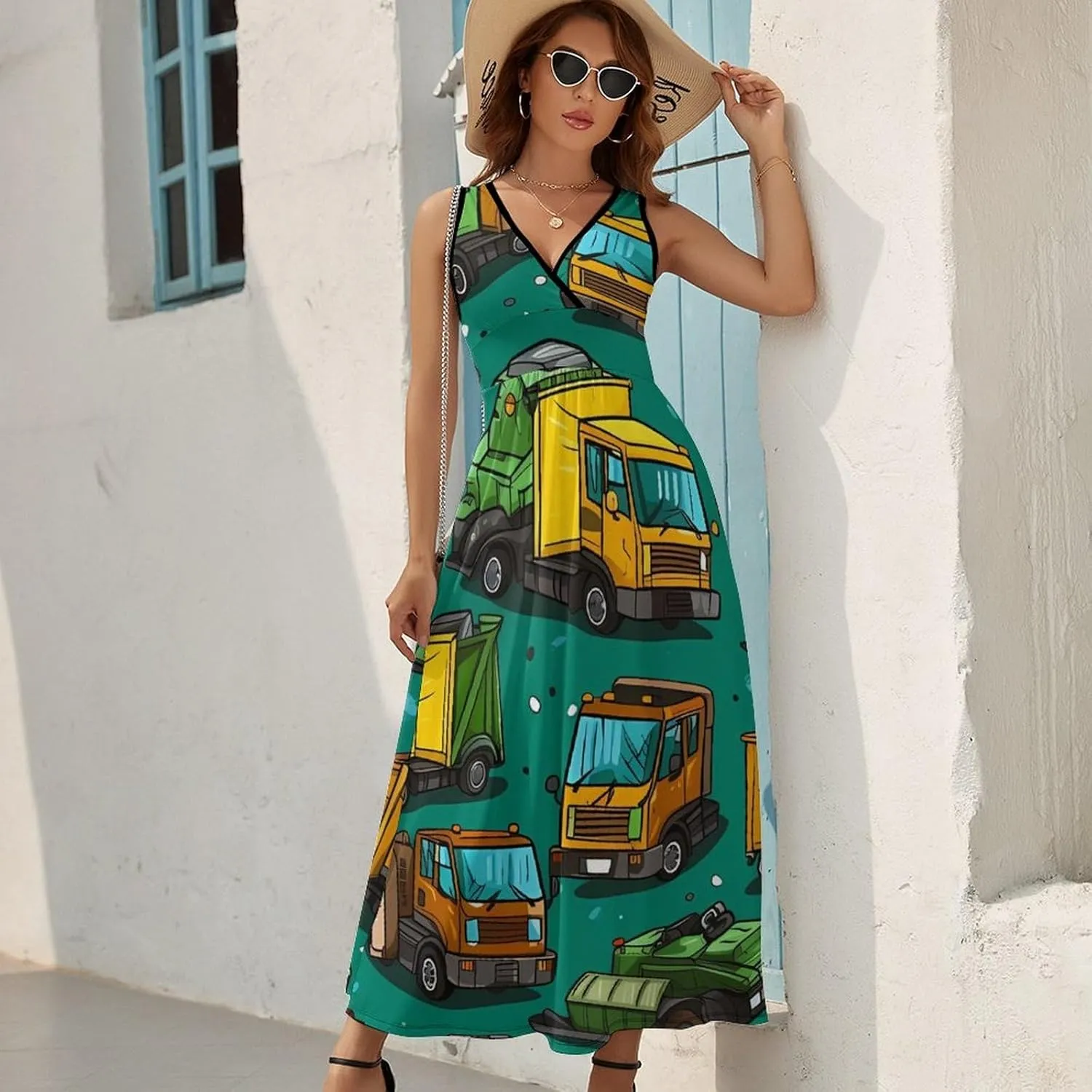 Garbage Truck Busy Day Women's Maxi Dress Casual Sleeveless V Neck Beach Long Sundress