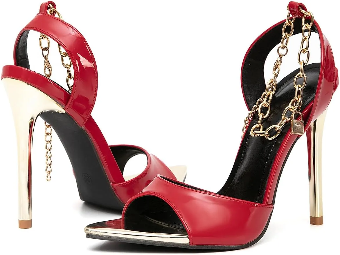 GATUXUS Women's Stilettos High Heels Sandals Metal Chain Ankle Strap Classic Pointed Toe Dress Sandals Shoes