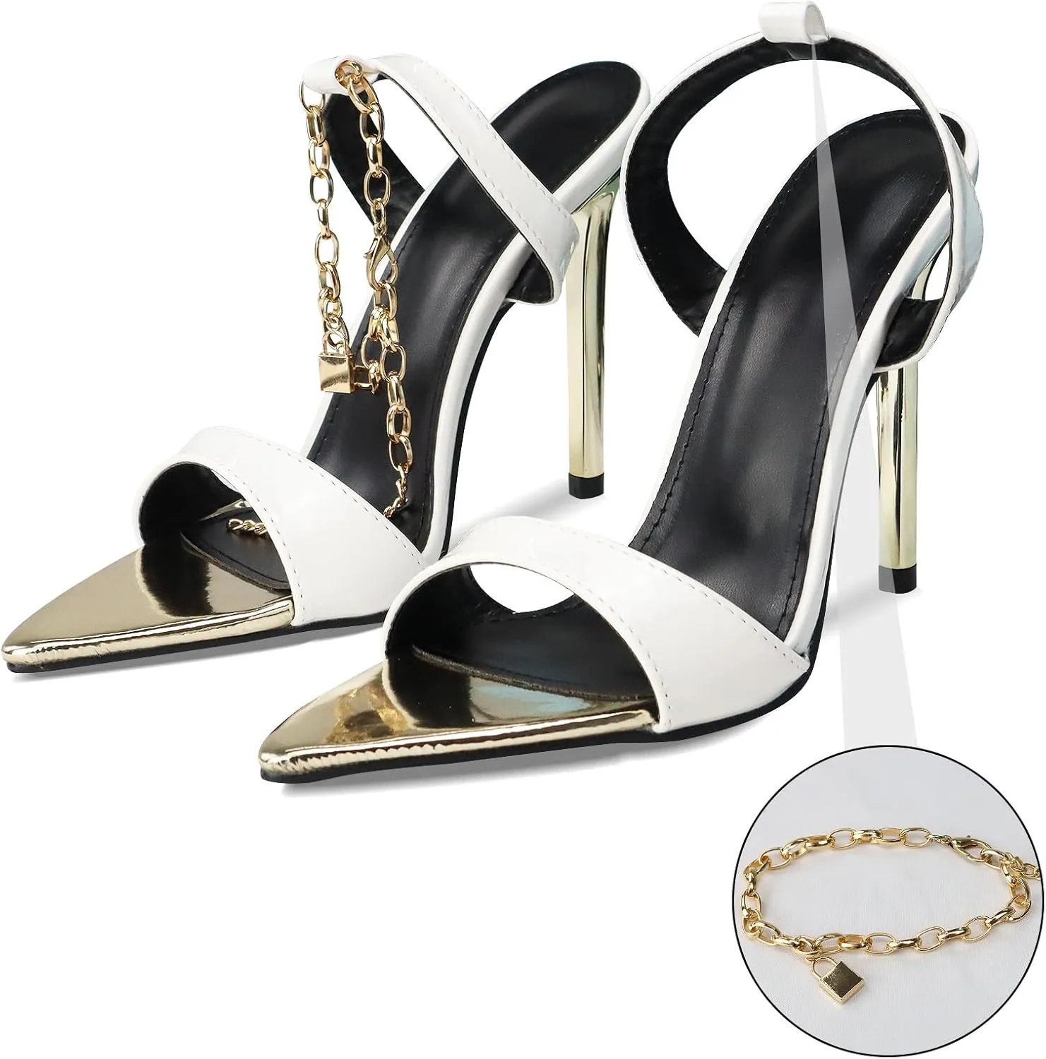 GATUXUS Women's Stilettos High Heels Sandals Metal Chain Ankle Strap Classic Pointed Toe Dress Sandals Shoes