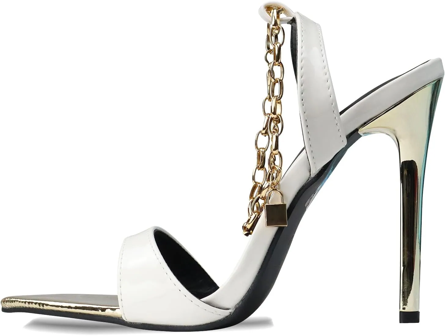 GATUXUS Women's Stilettos High Heels Sandals Metal Chain Ankle Strap Classic Pointed Toe Dress Sandals Shoes