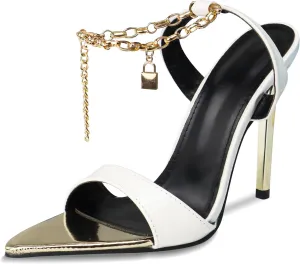 GATUXUS Women's Stilettos High Heels Sandals Metal Chain Ankle Strap Classic Pointed Toe Dress Sandals Shoes