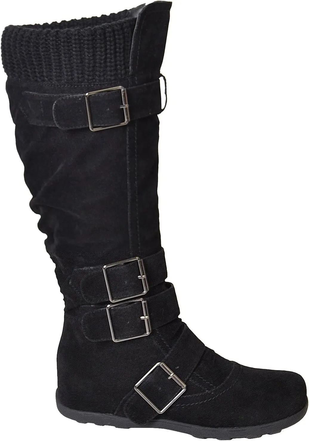 Generation Y Women's Knee High Mid Calf Flats Boots Sweater Knitted Cuff Buckles Wedge Rubber Sole