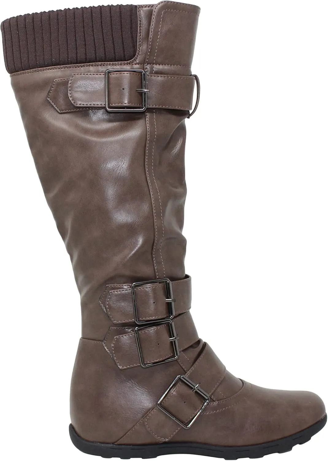 Generation Y Women's Knee High Mid Calf Flats Boots Sweater Knitted Cuff Buckles Wedge Rubber Sole