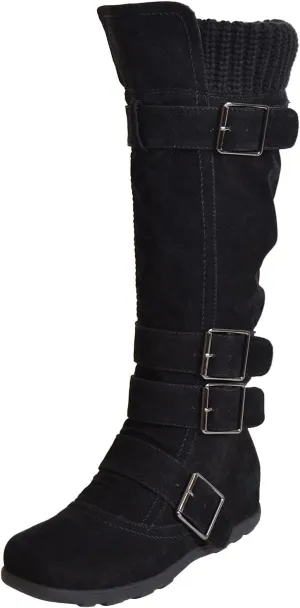 Generation Y Women's Knee High Mid Calf Flats Boots Sweater Knitted Cuff Buckles Wedge Rubber Sole