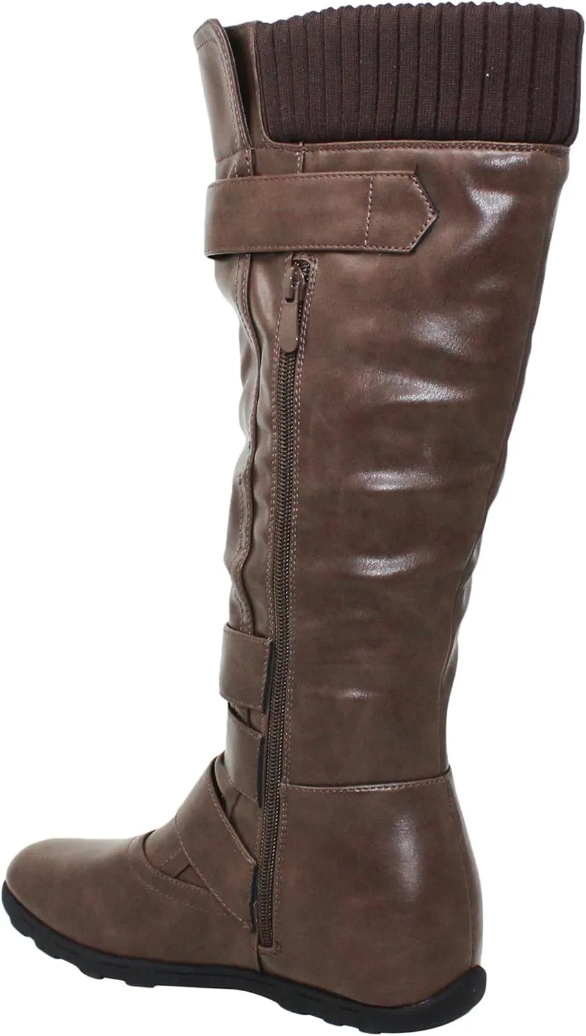 Generation Y Women's Knee High Mid Calf Flats Boots Sweater Knitted Cuff Buckles Wedge Rubber Sole