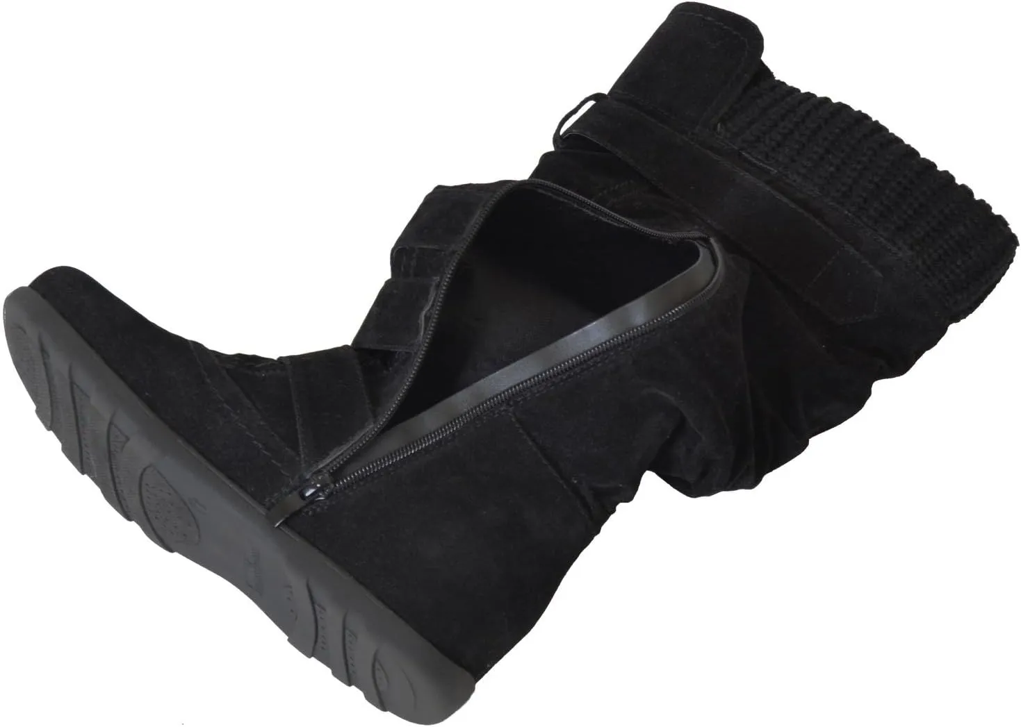 Generation Y Women's Knee High Mid Calf Flats Boots Sweater Knitted Cuff Buckles Wedge Rubber Sole