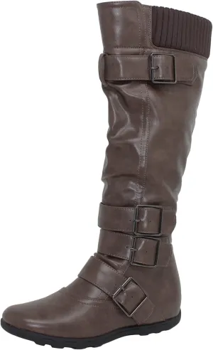Generation Y Women's Knee High Mid Calf Flats Boots Sweater Knitted Cuff Buckles Wedge Rubber Sole