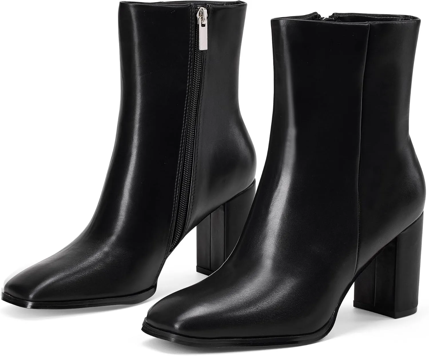 GENSHUO Square Toe Ankle Boots for Women 3.15 Inch High Block Heel Short Boots Fashion Side Zipper Booties Shoes