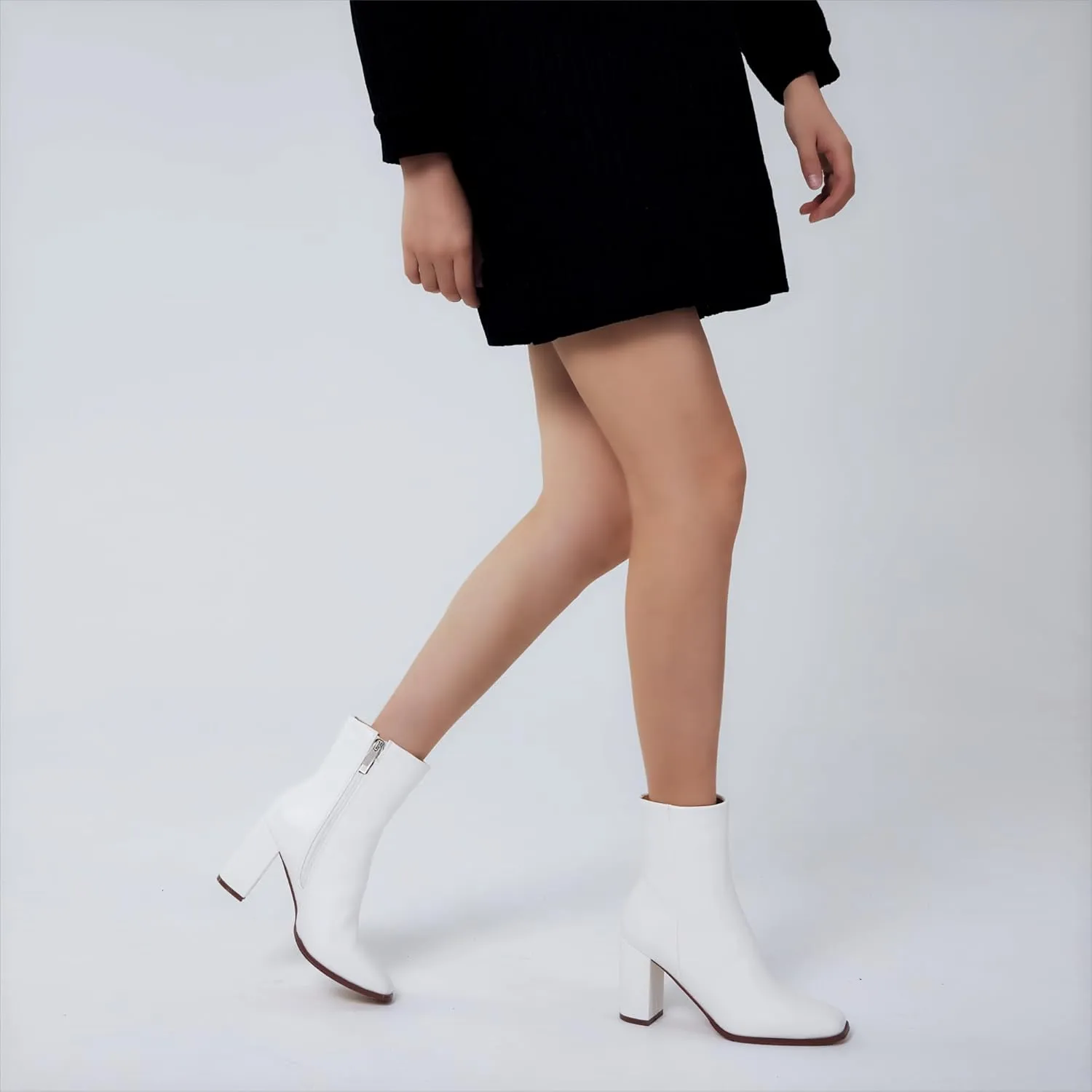 GENSHUO Square Toe Ankle Boots for Women 3.15 Inch High Block Heel Short Boots Fashion Side Zipper Booties Shoes